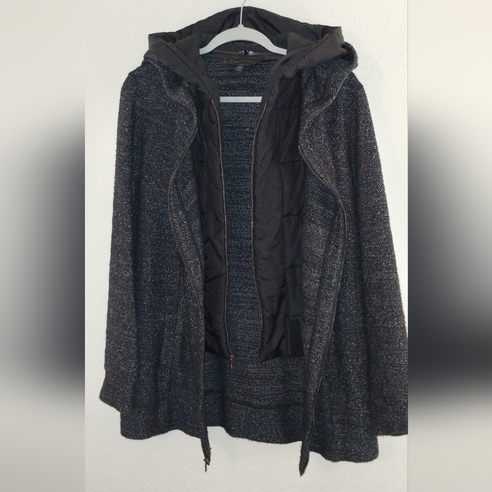 BCBG MAXAZRIA "NATHYN" DOUBLE LAYER JACKET- REMOVABLE HOOD ~SIZE XS ~ GRAY/BLACK - Picture 3 of 16